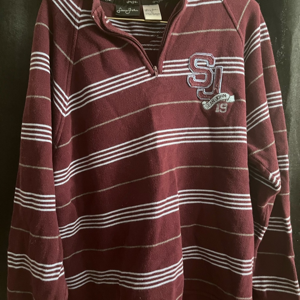Sean John Burgundy and White Embroidered Pullover